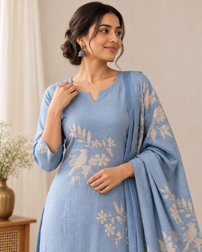 Women’s Powder Blue Mal Kurti Pant Set with Floral Bird Print Dupatta | 3-Piece Ethnic Set