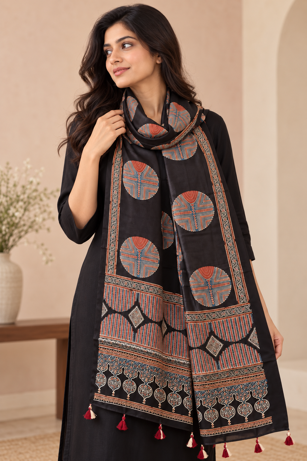 Women's Black Ajrakh Printed Modal Silk Stole with Traditional Motifs, Decorative Border & Tassels