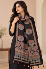 Women's Black Ajrakh Printed Modal Silk Stole with Traditional Motifs, Decorative Border & Tassels
