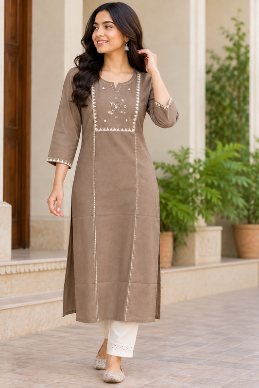 Women's Taupe Brown Embroidered Straight Kurti with Mirror Work, Notch Neck & 3/4 Sleeves