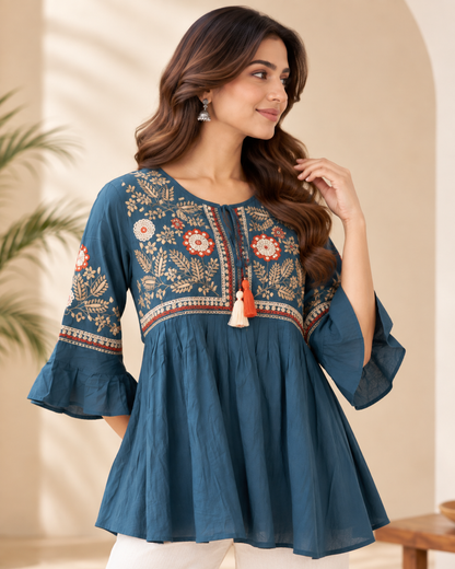 Natural Fab Women’s Blue Short Kurti Top | Everyday Ethnic Casual Wear for Women