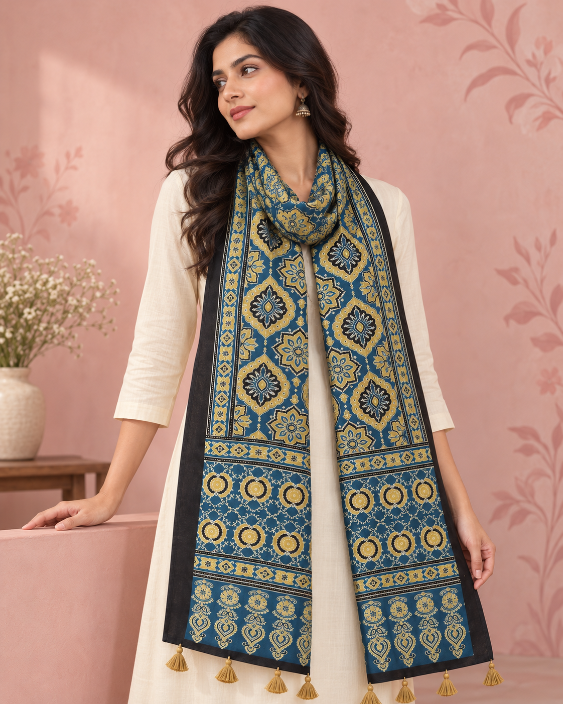 Women's Teal Blue Ajrakh Inspired Printed Modal Silk Stole with Floral Motifs & Tassels