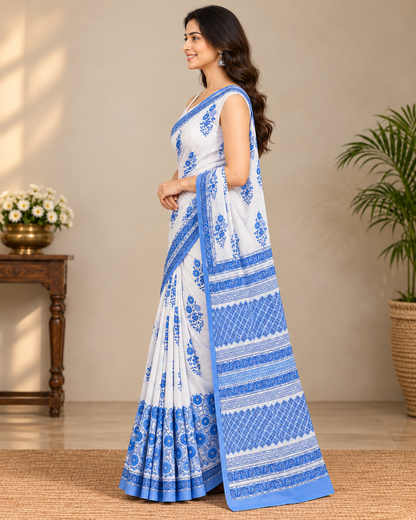 Natural Fab Mal Mal Cotton Hand Block Printed Saree with Blouse | 6.30 m