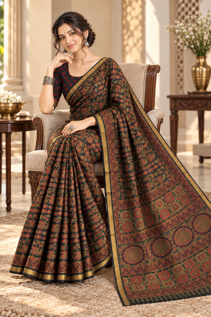 Naturalfab Cotton Silk Maheshwari Saree with Woven Zari Border and Blouse Fabric for Women