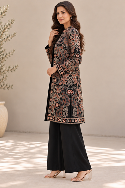 Women's Black Long Jacket with All-Over Floral Thread Embroidery | Open Front Ethnic Shrug | Full Sleeve Festive & Party Wear
