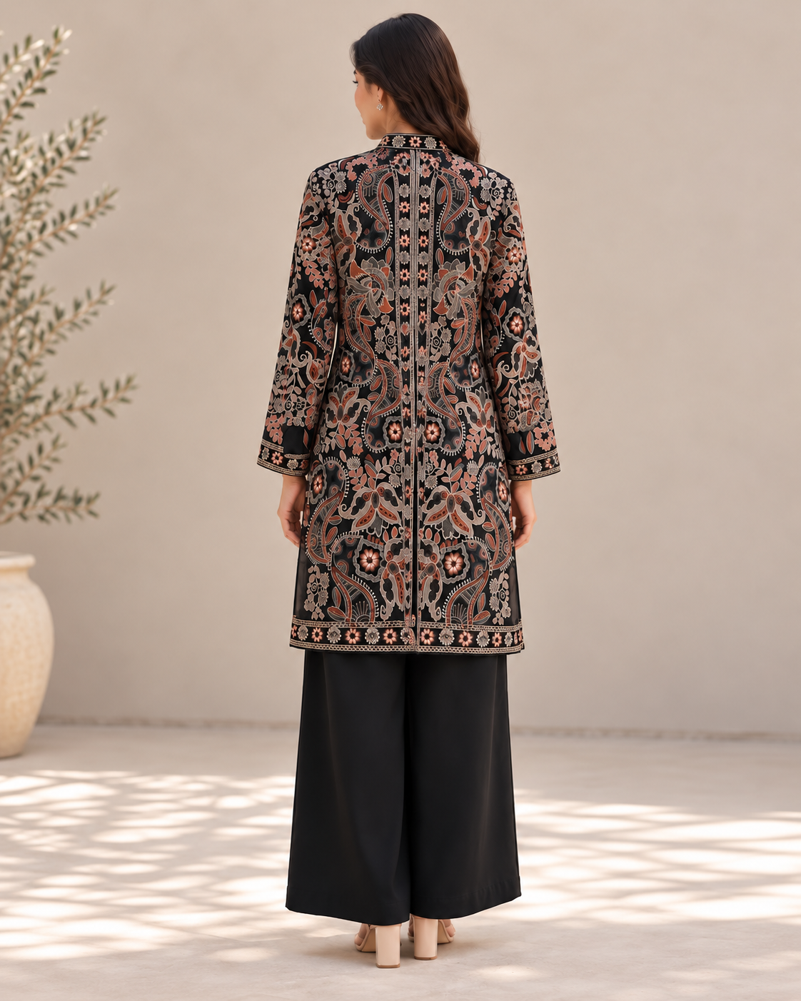 Women's Black Long Jacket with All-Over Floral Thread Embroidery | Open Front Ethnic Shrug | Full Sleeve Festive & Party Wear