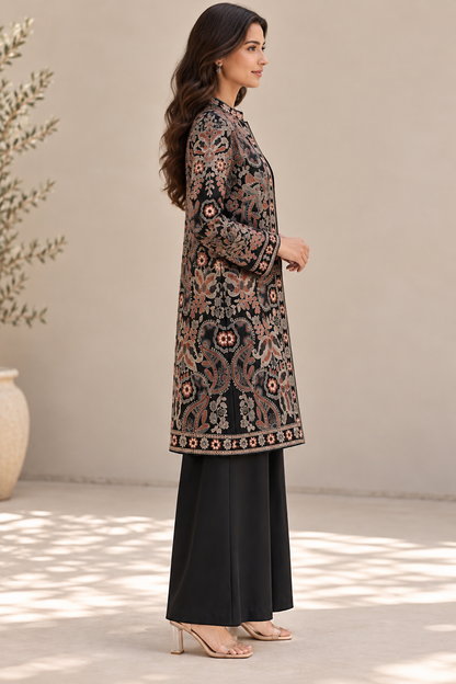 Women's Black Long Jacket with All-Over Floral Thread Embroidery | Open Front Ethnic Shrug | Full Sleeve Festive & Party Wear