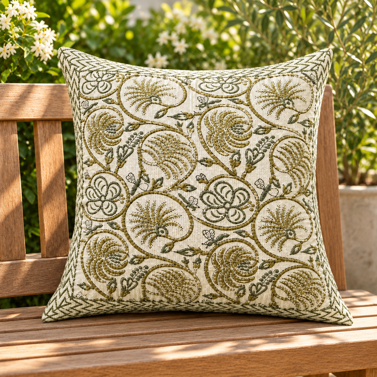 Hand Block Printed Jute Cushion Cover – Natural Beige with Olive Green Floral Vine Print & Geometric Border | 16 x 16 Inches