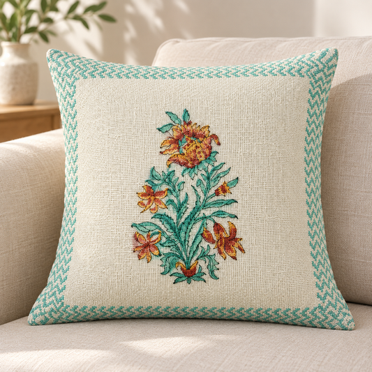 Hand Block Printed Jute Cushion Cover – Natural Beige with Multicolour Floral Motifs & Teal Green Geometric Border | 16 x 16 Inches