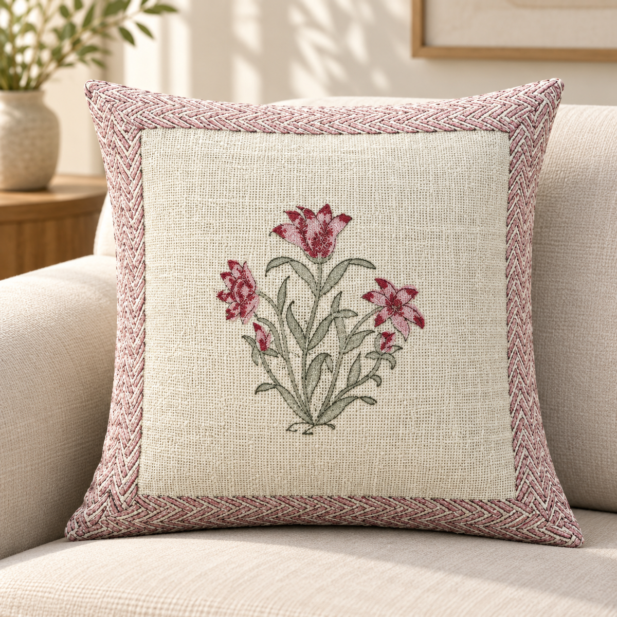 Hand Block Printed Jute Cushion Cover – Natural Beige with Pink Floral Bouquet & Rose Pink Geometric Border | 16 x 16 Inches