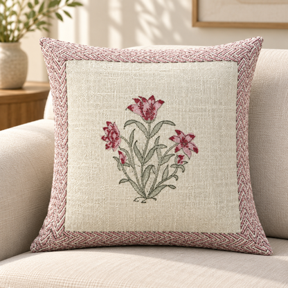 Hand Block Printed Jute Cushion Cover – Natural Beige with Pink Floral Bouquet & Rose Pink Geometric Border | 16 x 16 Inches
