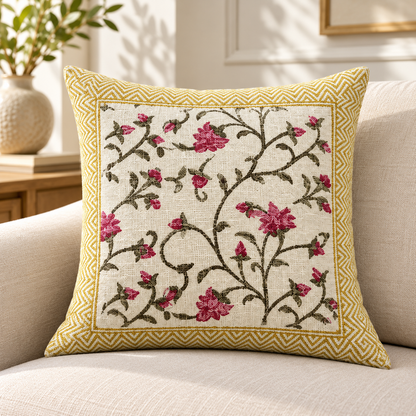 Hand Block Printed Jute Cushion Cover – Natural Beige with Rani Pink Floral Vine Print & Mustard Yellow Chevron Border | 16 x 16 Inches