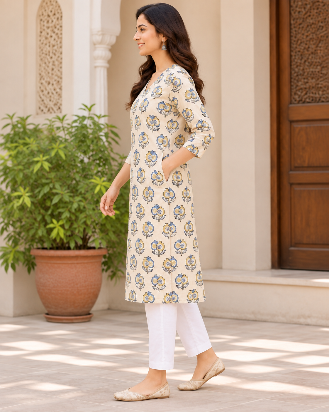 Women’s Hand Block Printed Knee-Length Kurti with Pockets | Beige Floral V-Neck Kurta