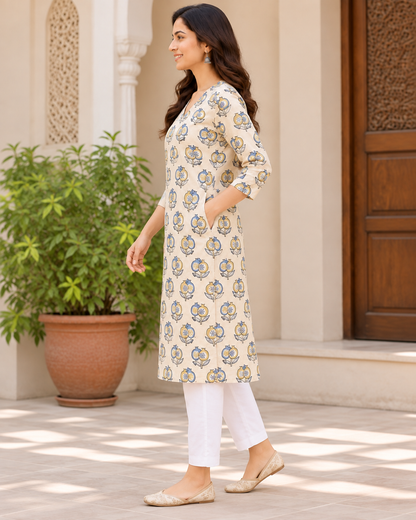 Women’s Hand Block Printed Knee-Length Kurti with Pockets | Beige Floral V-Neck Kurta