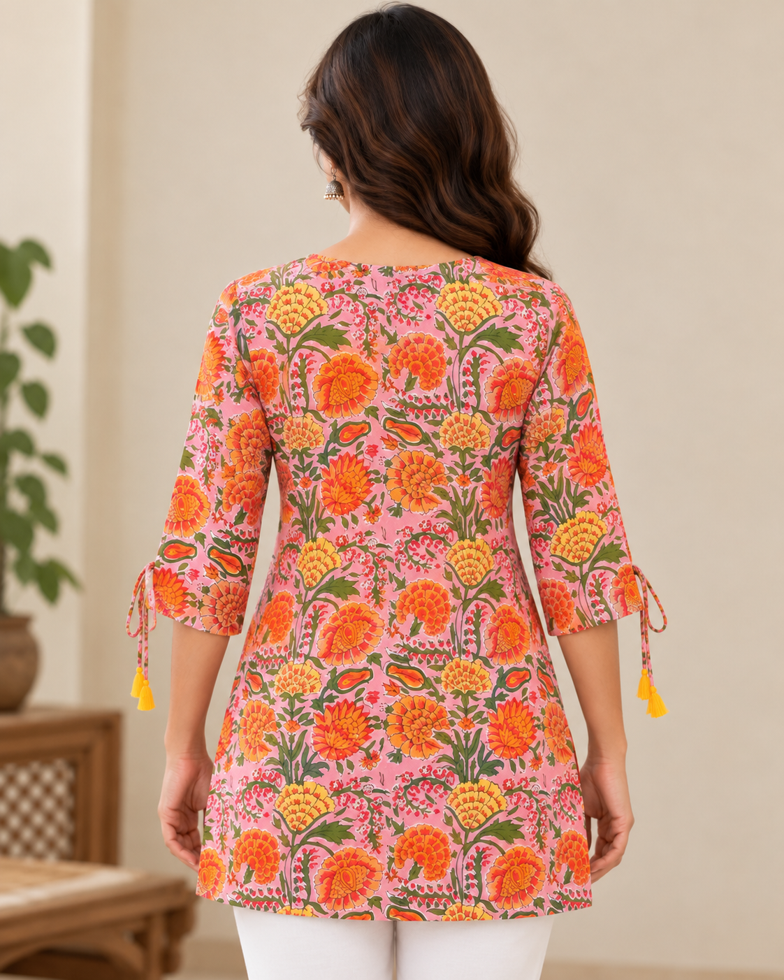 Women's Pink Floral Printed Cotton Short Kurti | 3/4 Sleeve Tie-Up Casual Ethnic Tunic