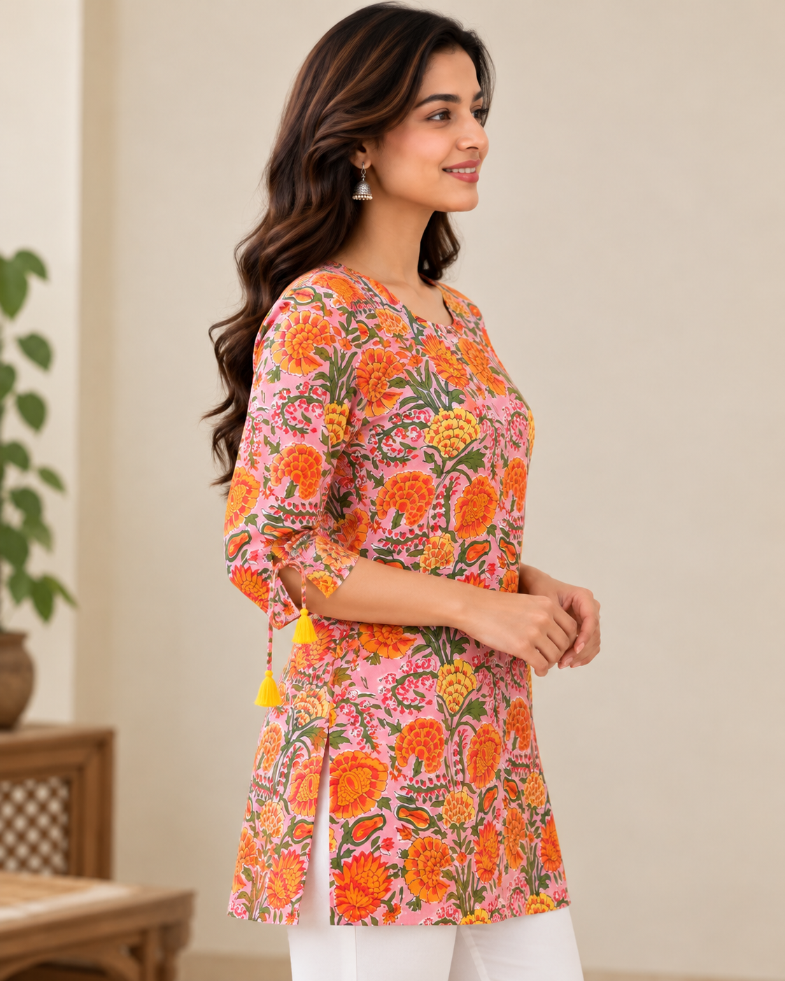 Women's Pink Floral Printed Cotton Short Kurti | 3/4 Sleeve Tie-Up Casual Ethnic Tunic