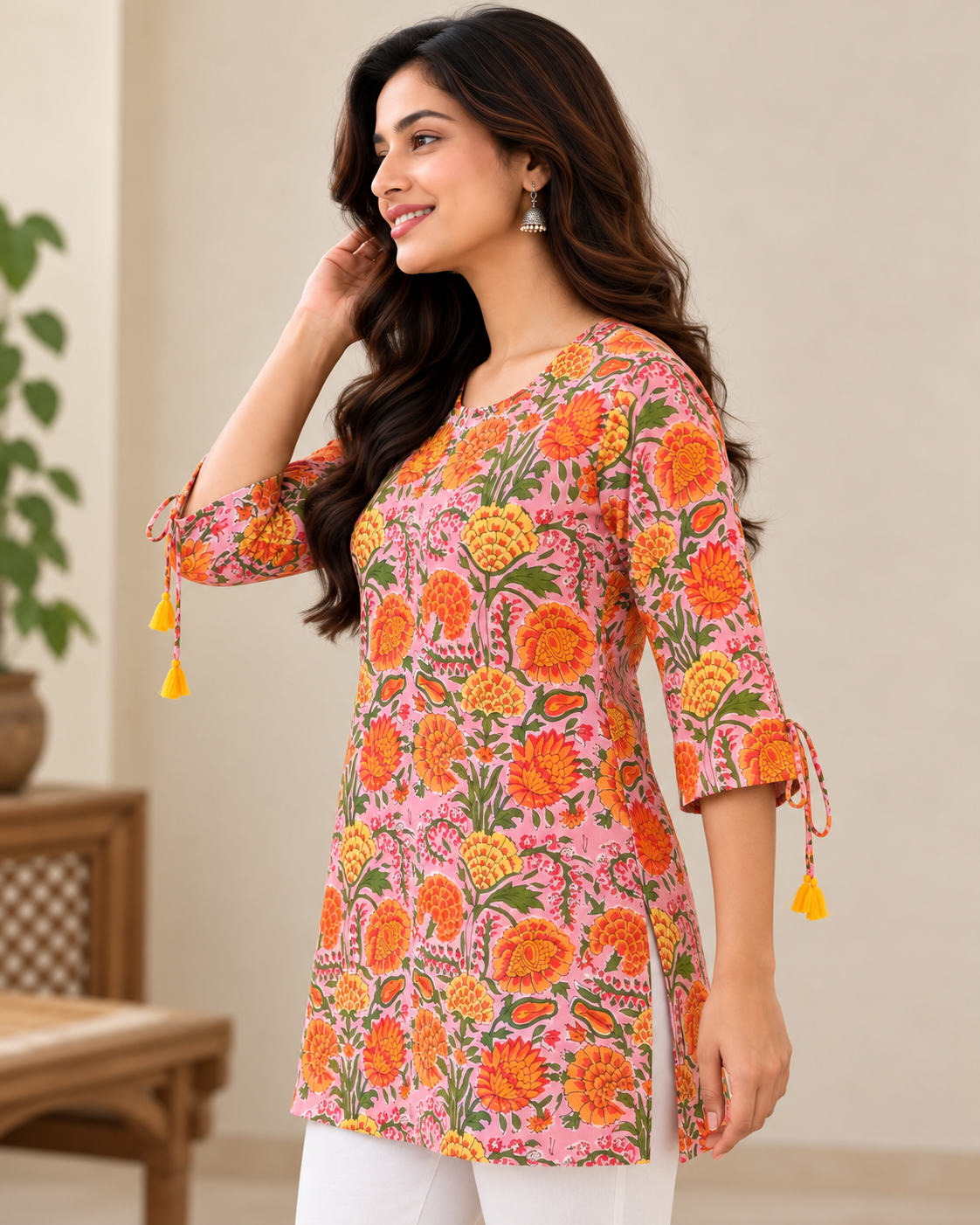 Women's Pink Floral Printed Cotton Short Kurti | 3/4 Sleeve Tie-Up Casual Ethnic Tunic