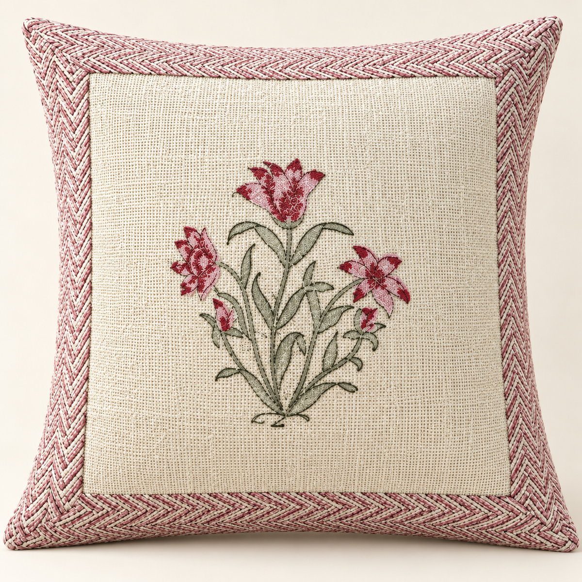 Hand Block Printed Jute Cushion Cover – Natural Beige with Pink Floral Bouquet & Rose Pink Geometric Border | 16 x 16 Inches