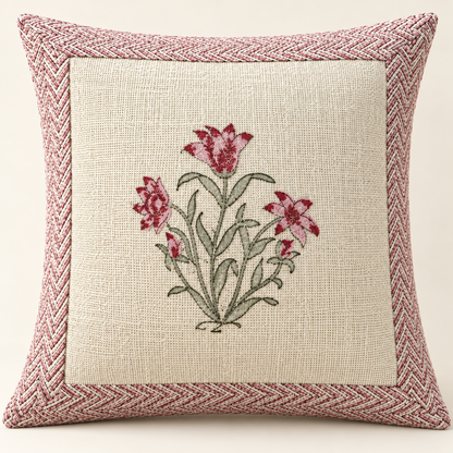 Hand Block Printed Jute Cushion Cover – Natural Beige with Pink Floral Bouquet & Rose Pink Geometric Border | 16 x 16 Inches