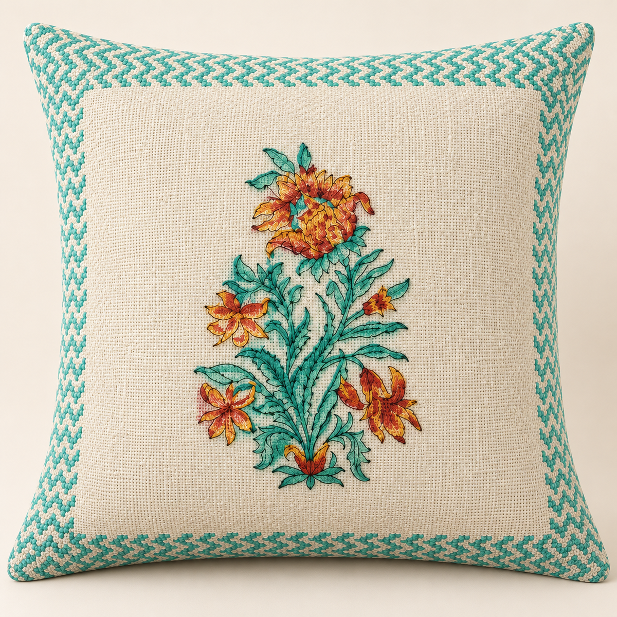 Hand Block Printed Jute Cushion Cover – Natural Beige with Multicolour Floral Motifs & Teal Green Geometric Border | 16 x 16 Inches