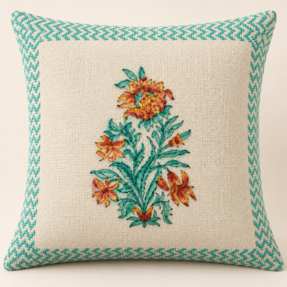 Hand Block Printed Jute Cushion Cover – Natural Beige with Multicolour Floral Motifs & Teal Green Geometric Border | 16 x 16 Inches