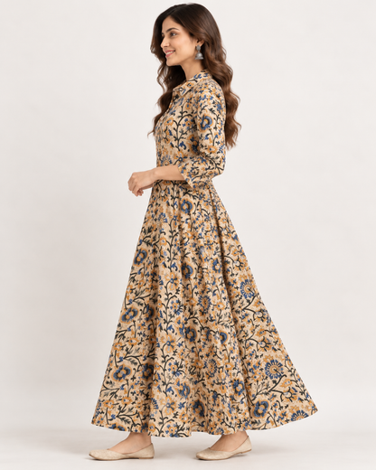 Natural Fab Women's Beige Floral Printed Cotton Flared Maxi Dress with Collar & Pockets