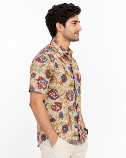 Men’s 100% Pure Cotton Hand Block Printed Half Sleeve Shirt | Multicolour Floral Casual Shirt