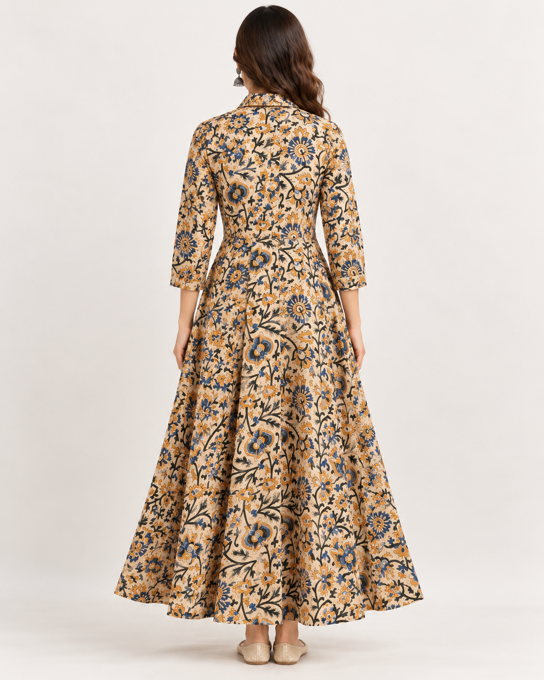 Natural Fab Women's Beige Floral Printed Cotton Flared Maxi Dress with Collar & Pockets