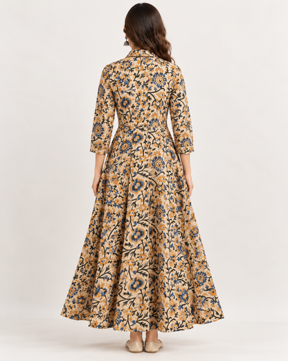 Natural Fab Women's Beige Floral Printed Cotton Flared Maxi Dress with Collar & Pockets