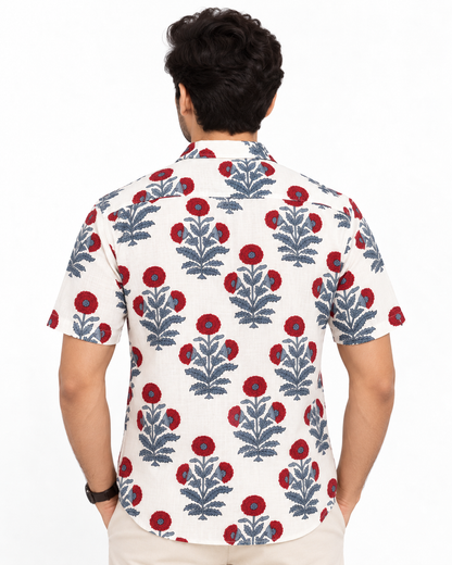 Men’s 100% Pure Cotton Hand Block Printed Half Sleeve Shirt | Floral Casual Shirt with Pocket