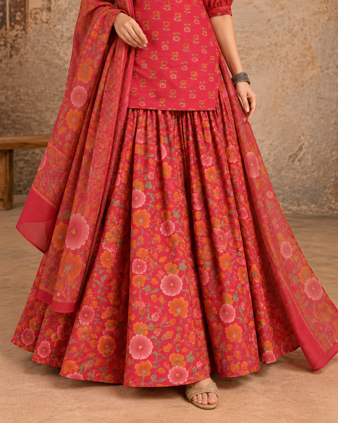 Women’s Cotton Floral Printed Lehenga Set with Kurti & Dupatta | Festive Ethnic Wear