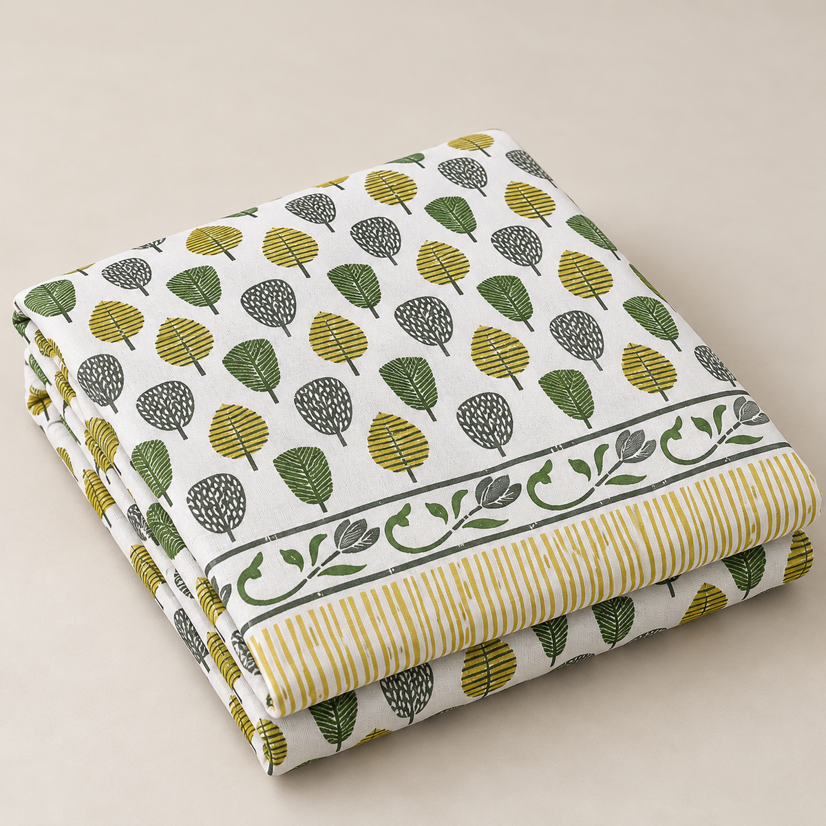 Hand Block Printed Cotton Double Bedsheet – White with Green & Mustard Yellow Leaf Print | 100 x 108 Inches