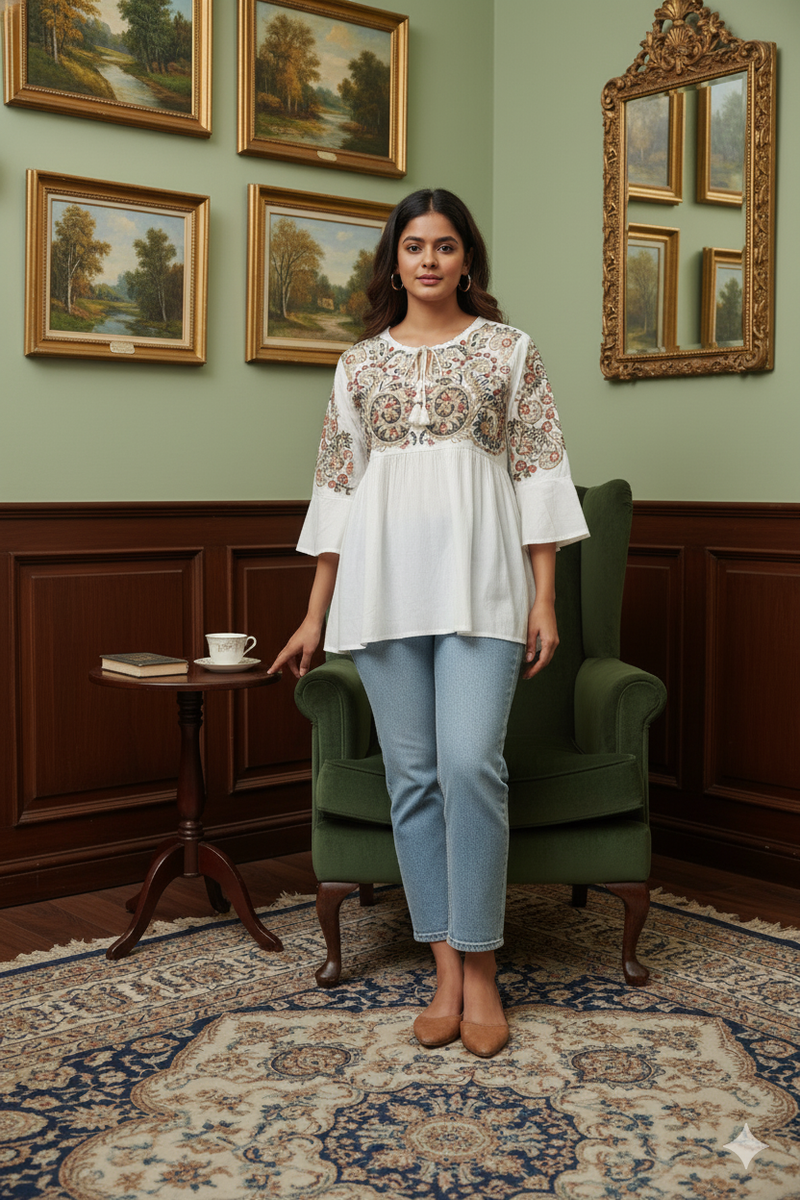 White Cotton Hand-Embroidered Top for Women – Elegant Ethnic Tunic with Flared Sleeves8