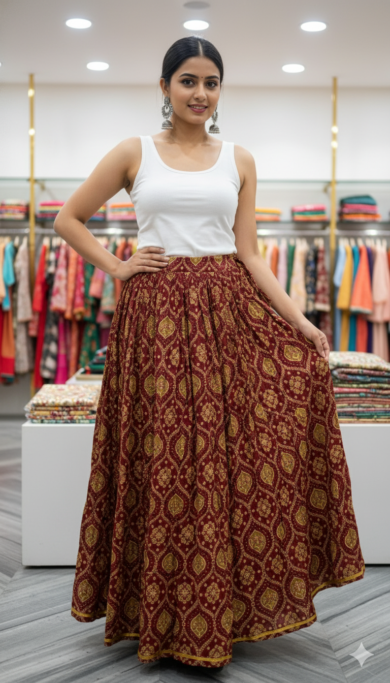 Maroon and Mustard Handblock Printed Cotton Skirt for Women – Traditional Flared Long Skirt with Golden Border
