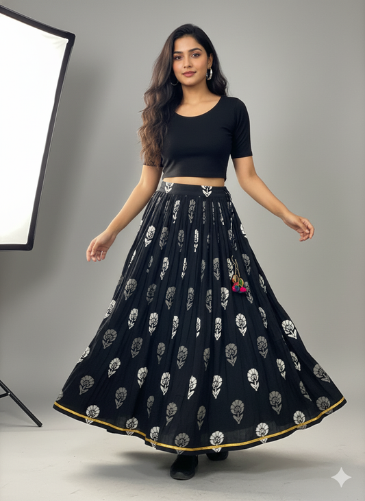 Black Handblock Printed Cotton Flared Skirt for Women – Ethnic Long Skirt with Silver Motifs & Tassel Detailing
