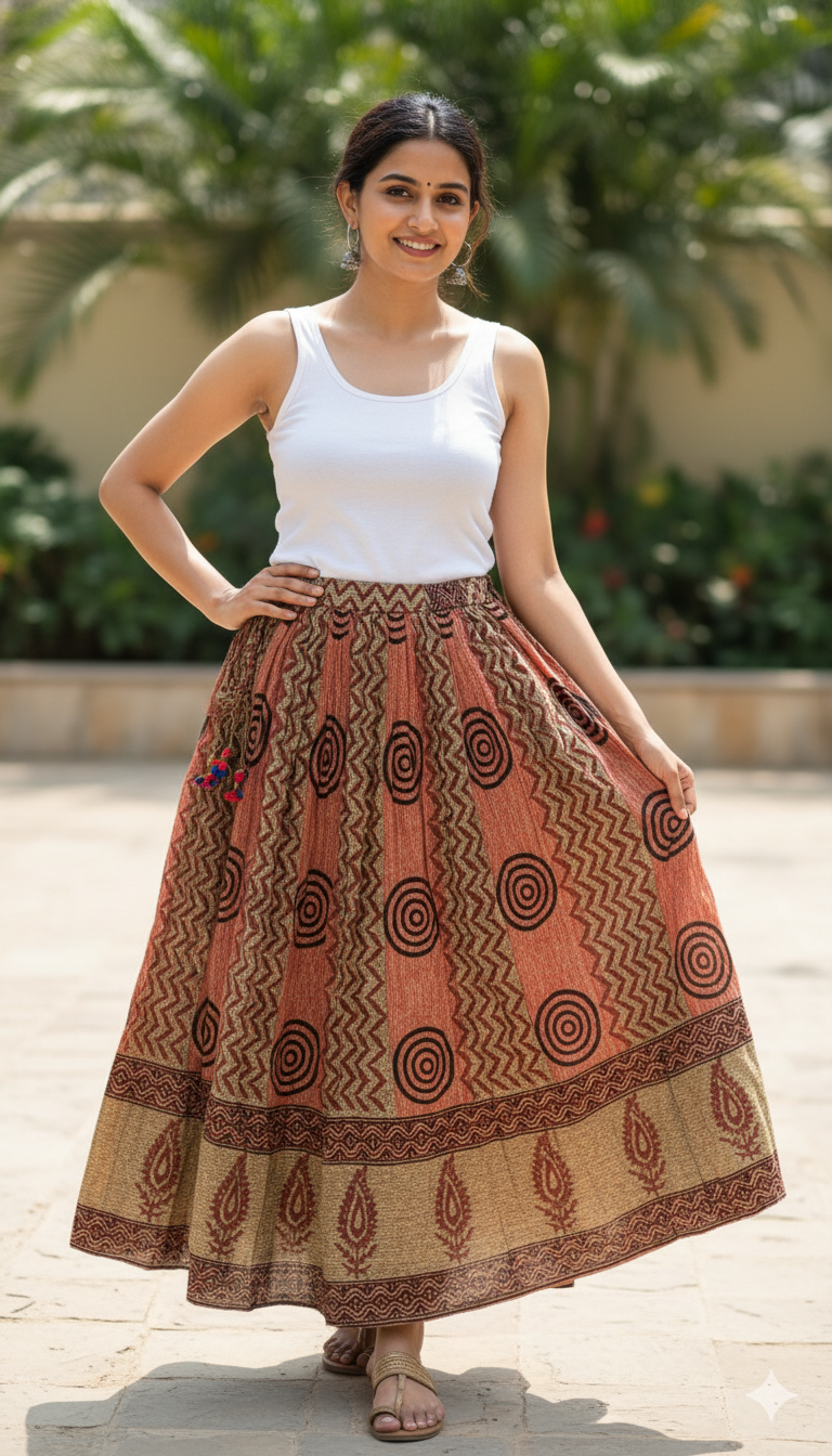 Rust Brown Handblock Printed Cotton Skirt for Women – Ethnic Long Flared Skirt with Tribal Motifs and Golden Border
