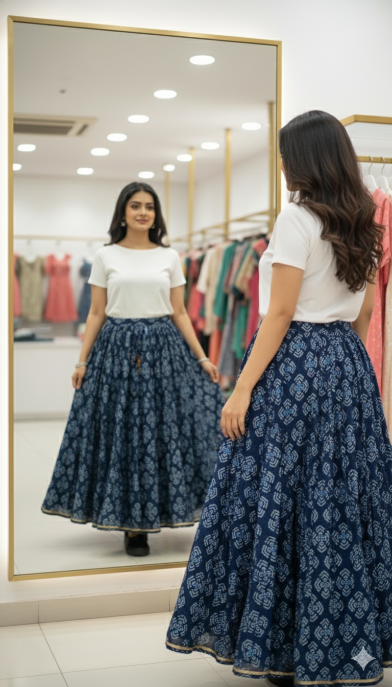 Indigo Blue Handblock Printed Cotton Skirt for Women – Flared Long Ethnic Skirt with Golden Border