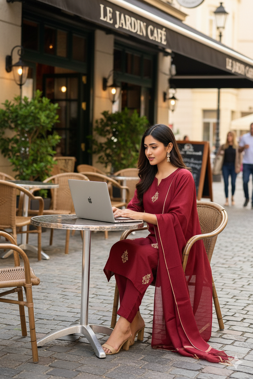 Maroon Cotton Embroidered Kurti Set for Women with Dupatta – Elegant Festive 3-Piece Suit