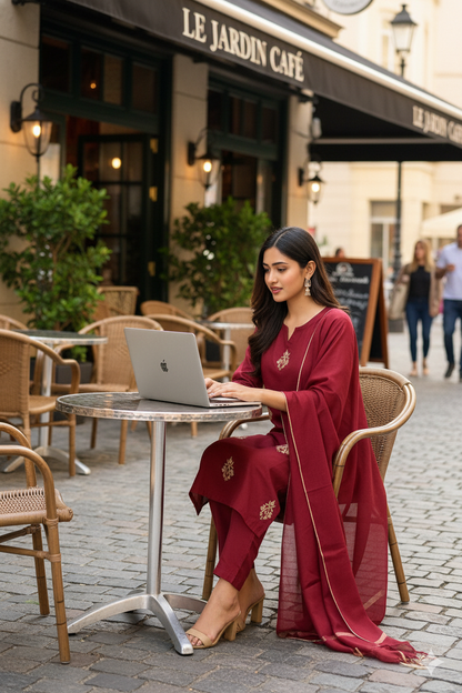Maroon Cotton Embroidered Kurti Set for Women with Dupatta – Elegant Festive 3-Piece Suit