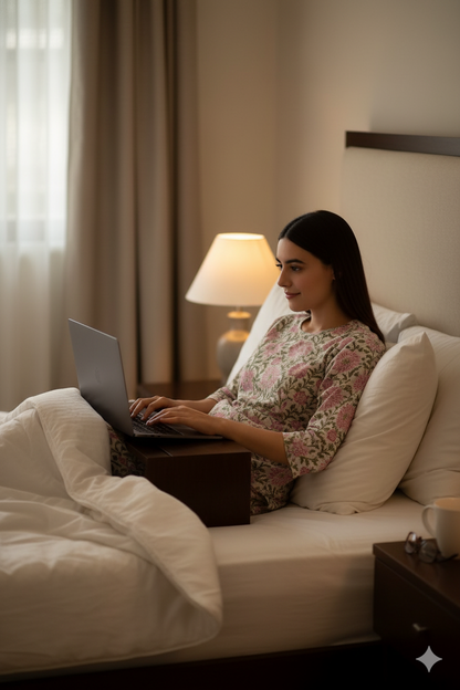 Pink Floral Hand Block Printed Cotton Night Suit for Women – 2-Piece Loungewear Set with Kurti & Pant