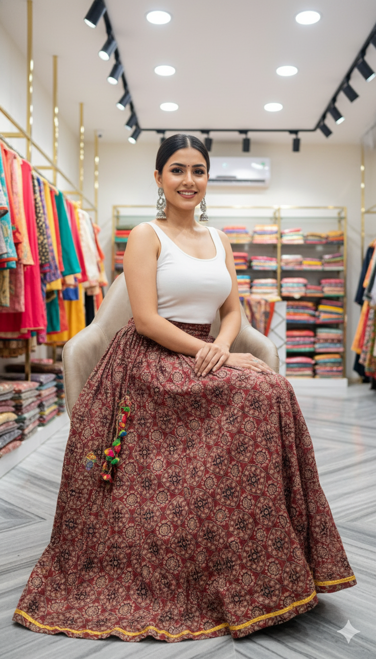Maroon Handblock Printed Cotton Skirt for Women – Ethnic Long Flared Skirt with Golden Border and Tassel Detailing