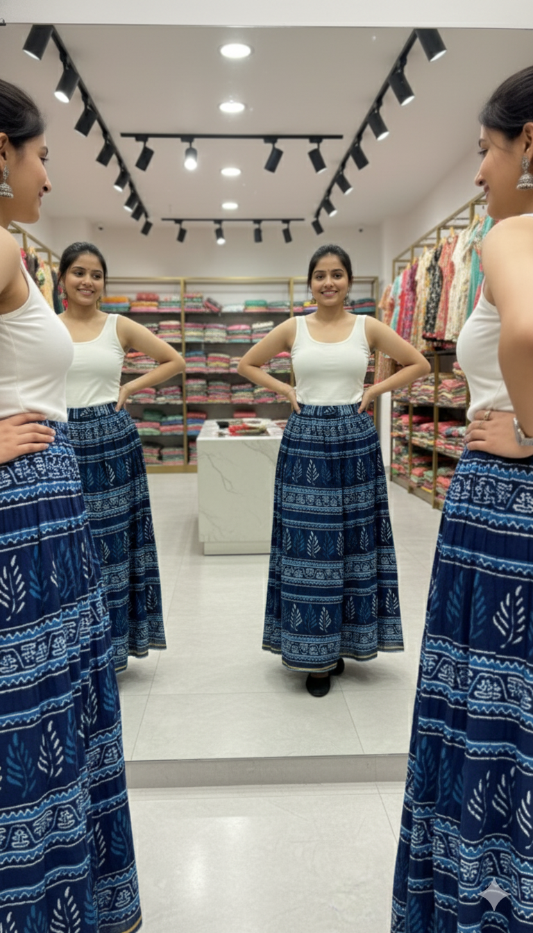 Indigo Blue Handblock Printed Cotton Skirt for Women – Long Flared Ethnic Skirt with Leaf Motifs and Golden Border