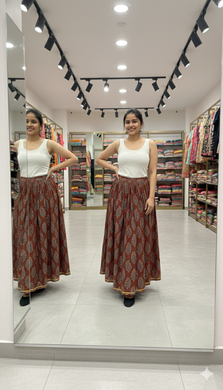 Rust Brown Paisley Handblock Printed Cotton Skirt for Women – Flared Ethnic Long Skirt with Golden Border