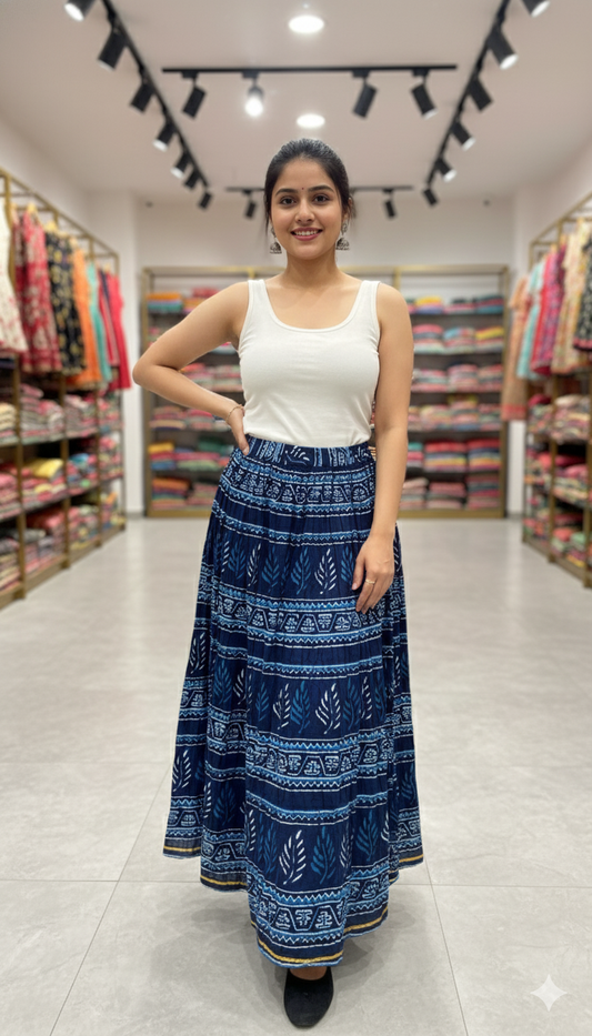Indigo Blue Handblock Printed Cotton Skirt for Women – Long Flared Ethnic Skirt with Leaf Motifs and Golden Border