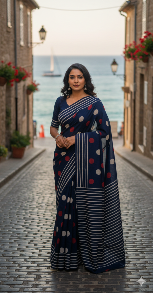 Navy Blue Cotton Malmal Hand Block Print Saree with Red & White Polka Dots – 5.5m Saree + 80cm Blouse Piece | Soft Lightweight Saree for Women