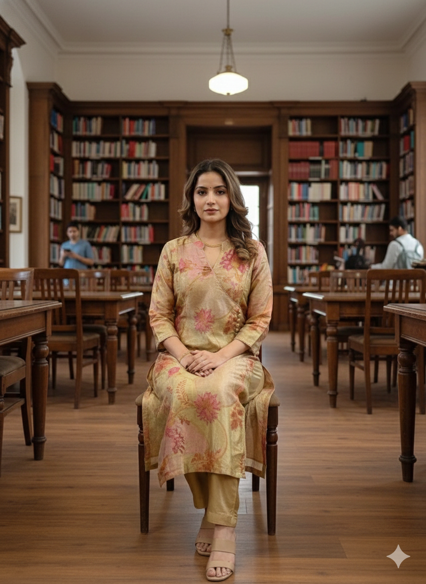 Women’s Golden Maslin Floral Printed Kurti Pant Set | Premium Festive & Party Wear Suit Set