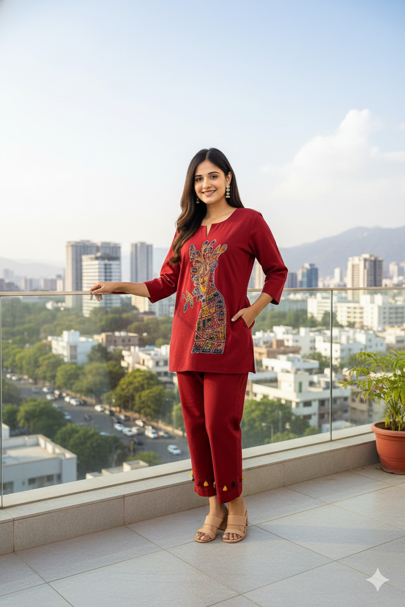 Red Cotton Embroidered Kurti Set for Women – Artistic Handcrafted Two-Piece Co-ord Set