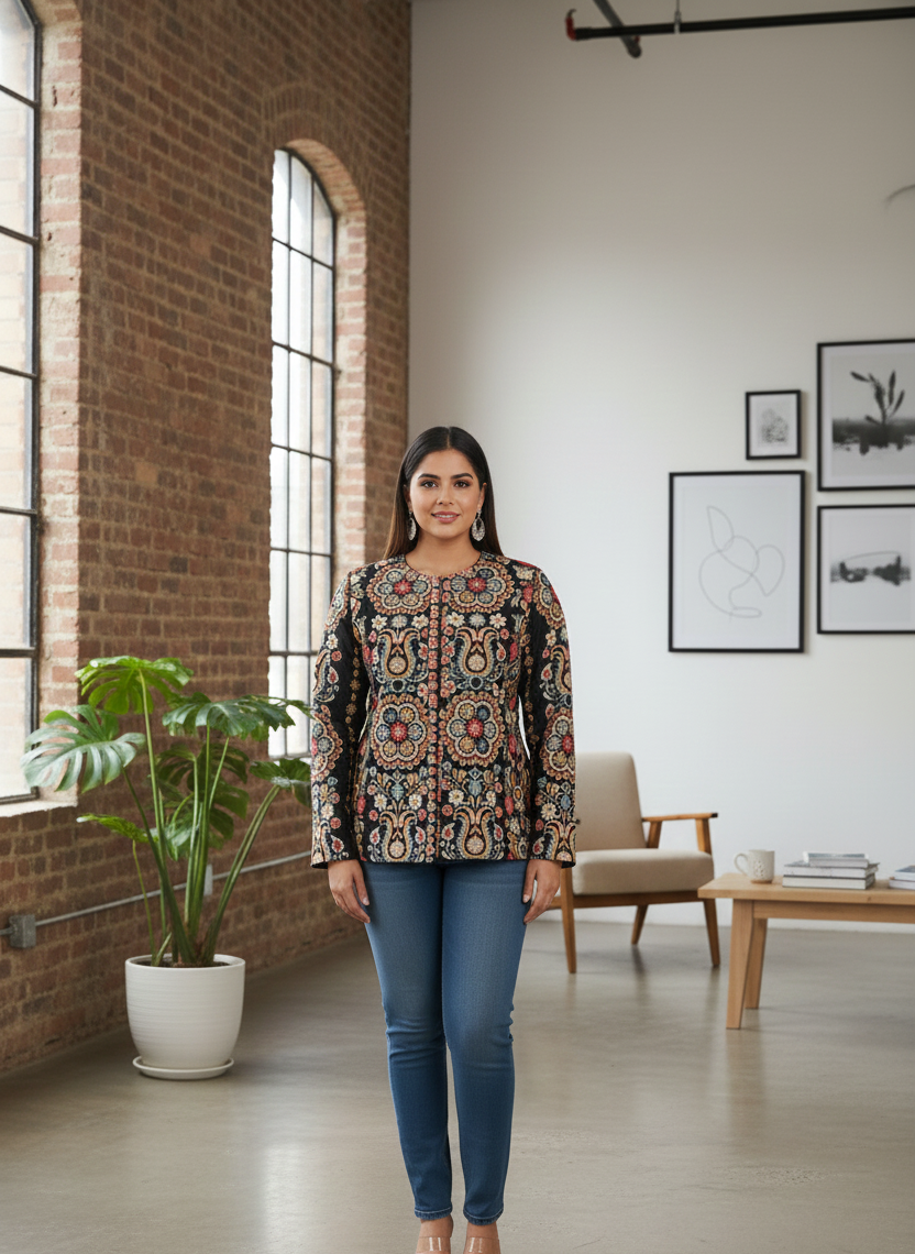 Naturalfab Black Multicolour Embroidered Ethnic Jacket for Women