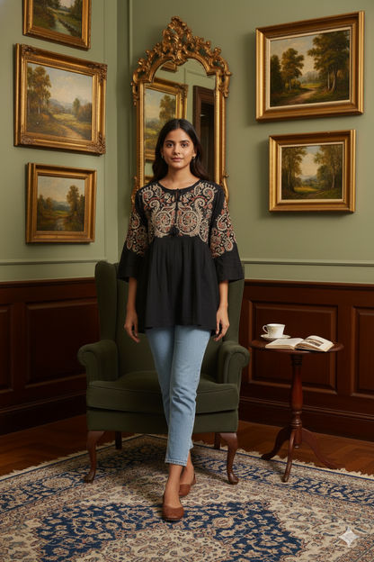 Black Cotton Hand-Embroidered Top for Women – Ethnic Boho Tunic with 3/4 Flared Sleeves