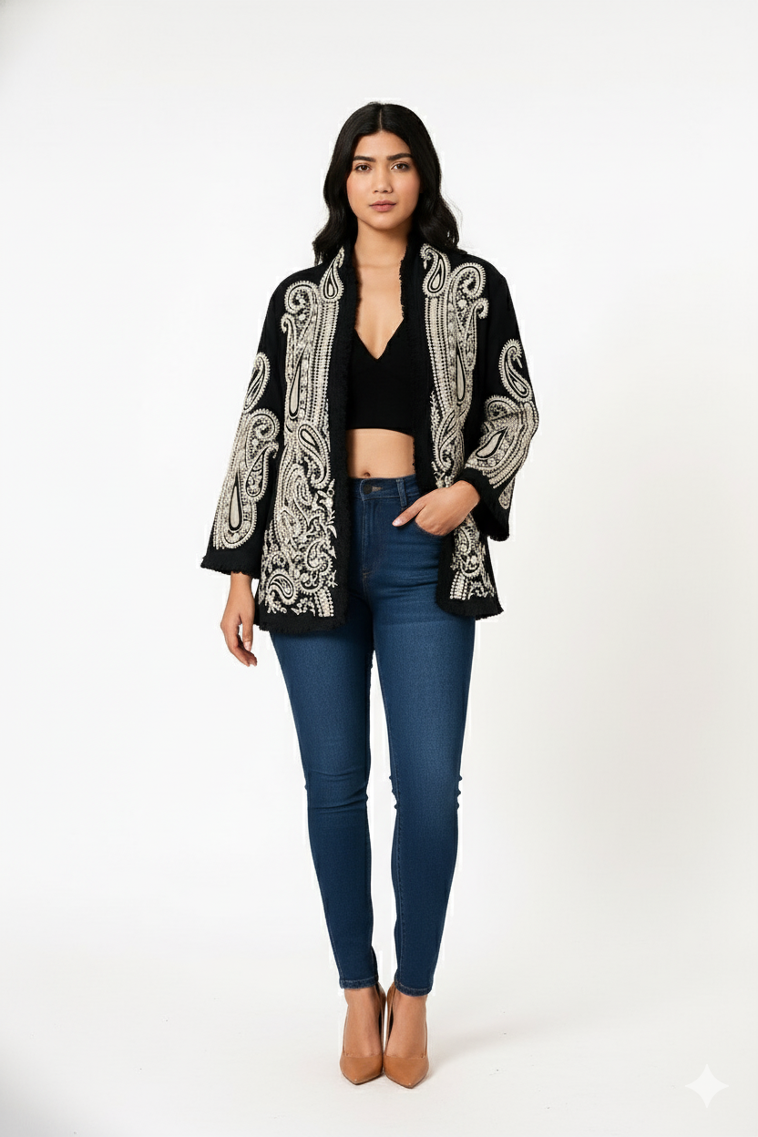Black Embroidered Open Front Jacket for Women – Elegant Boho Chic Layer | Natural Fab